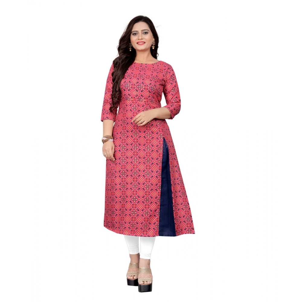 Amfyn Women's Cotton Print with Foil Frontslit Kurti (Pink)