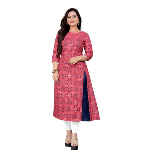 Amfyn Women's Cotton Print with Foil Frontslit Kurti (Pink)