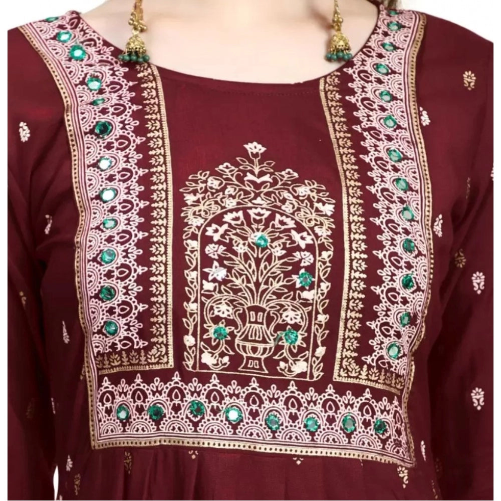 Amfyn Women's Printed Embroidery Kurti (Maroon)