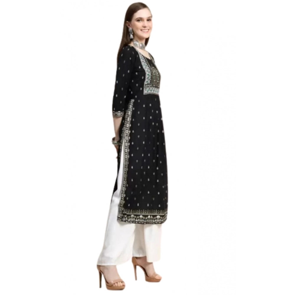 Amfyn Women's Printed Embroidery Kurti (Black)