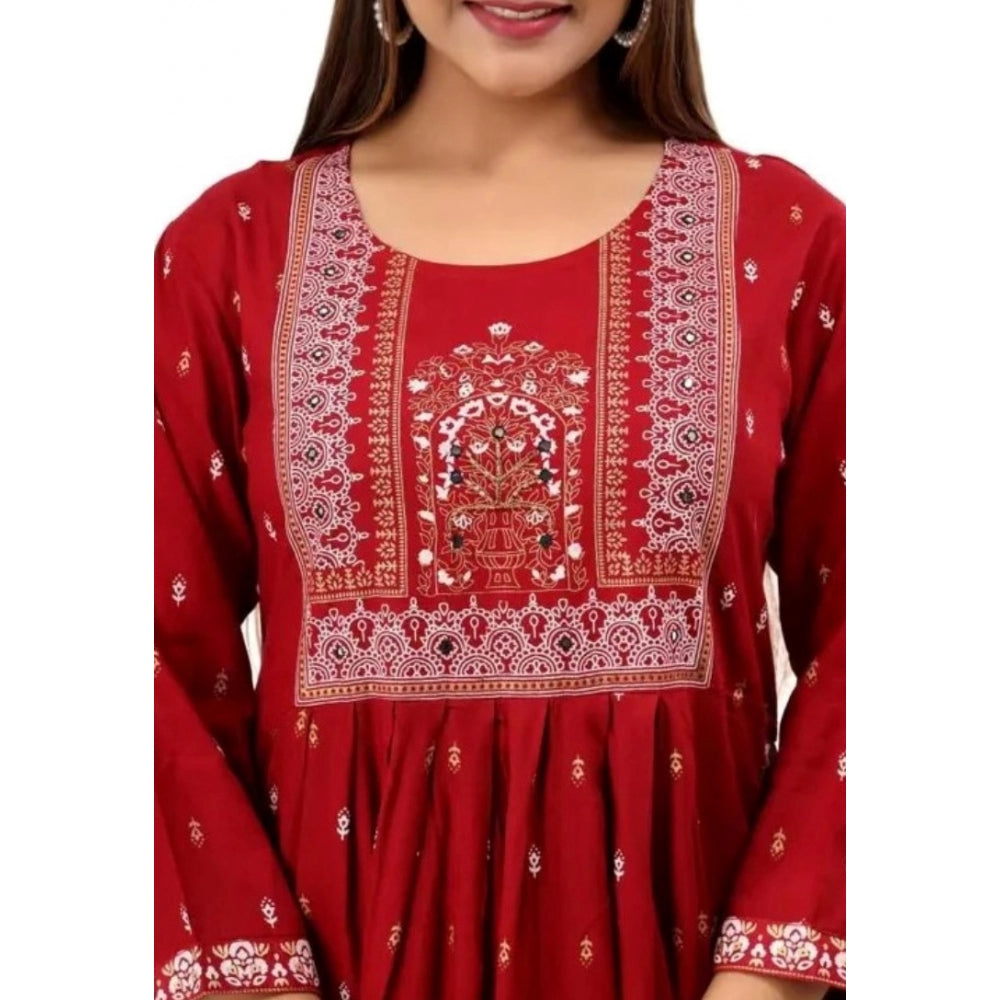 Amfyn Women's Printed Embroidery Kurti (Red)