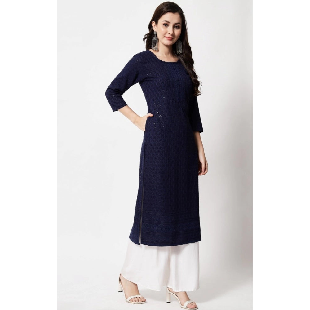 Amfyn Women's Embroidery With Sequence Kurti (Navy Blue)