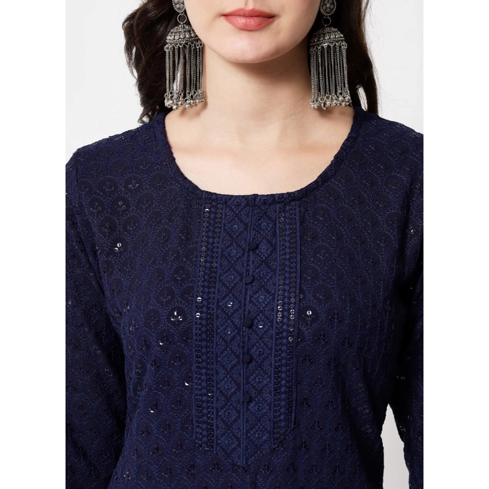 Amfyn Women's Embroidery With Sequence Kurti (Navy Blue)