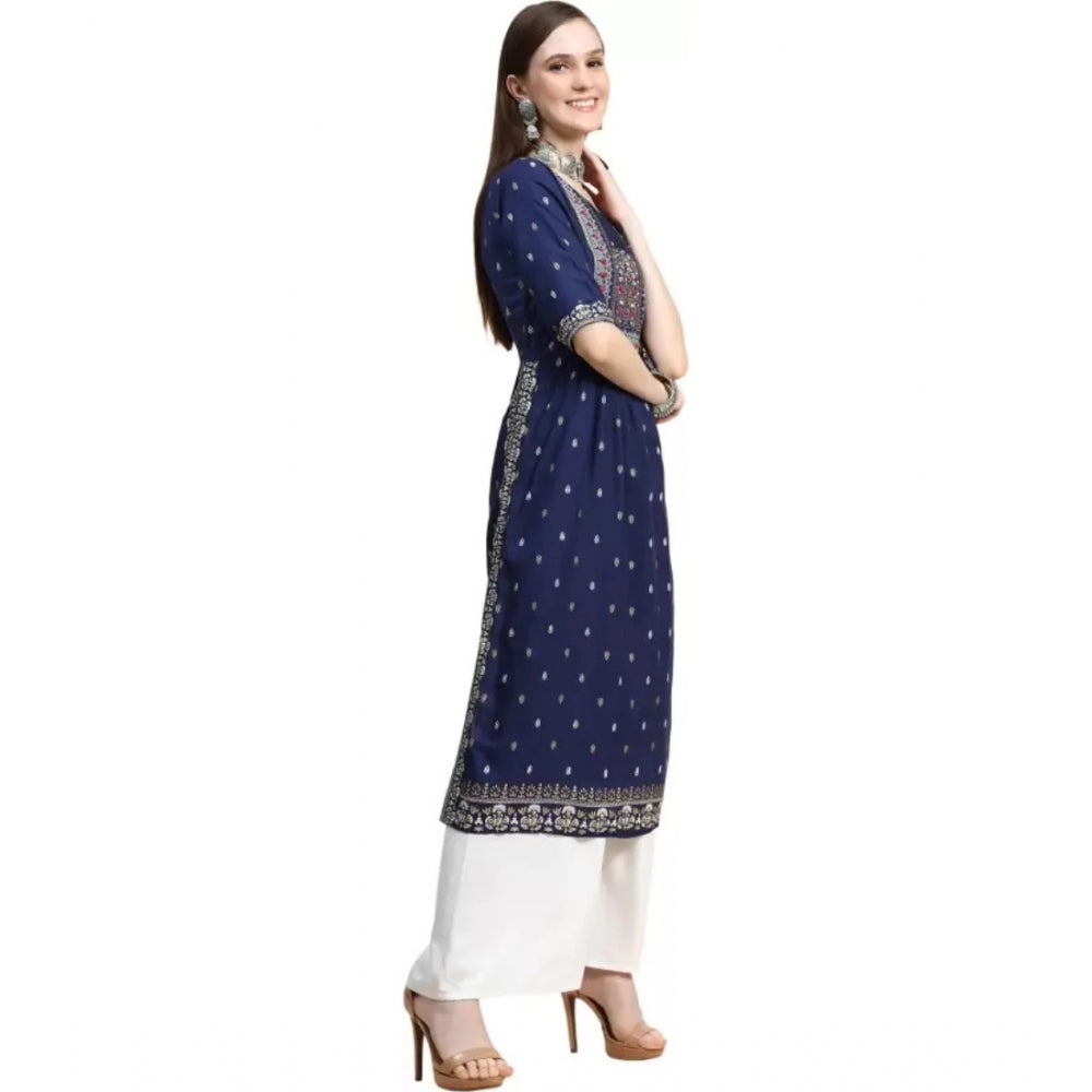 Amfyn Women's Printed Embroidery Kurti (Navy Blue)