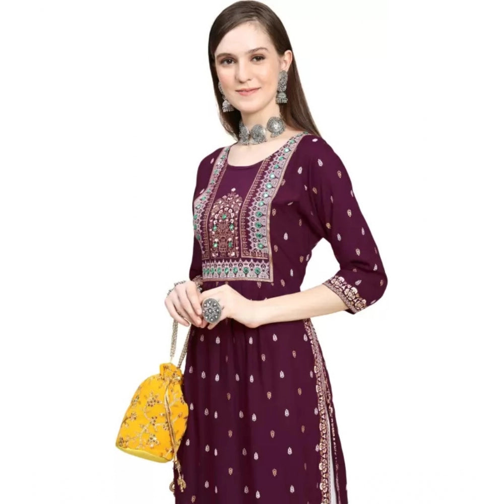 Amfyn Women's Printed Embroidery Kurti (Purple)