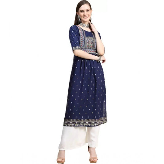 Amfyn Women's Printed Embroidery Kurti (Navy Blue)