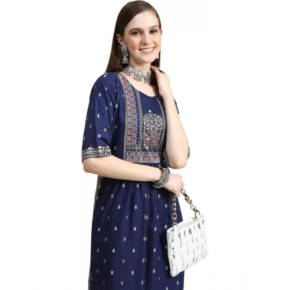 Amfyn Women's Printed Embroidery Kurti (Navy Blue)