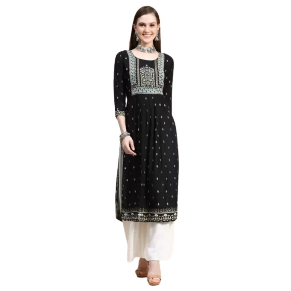 Amfyn Women's Printed Embroidery Kurti (Black)