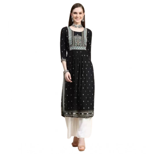 Amfyn Women's Printed Embroidery Kurti (Black)