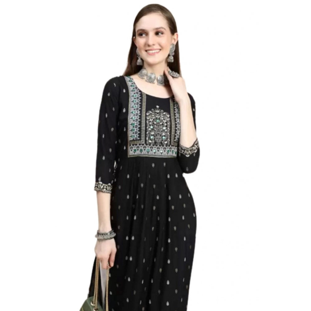 Amfyn Women's Printed Embroidery Kurti (Black)