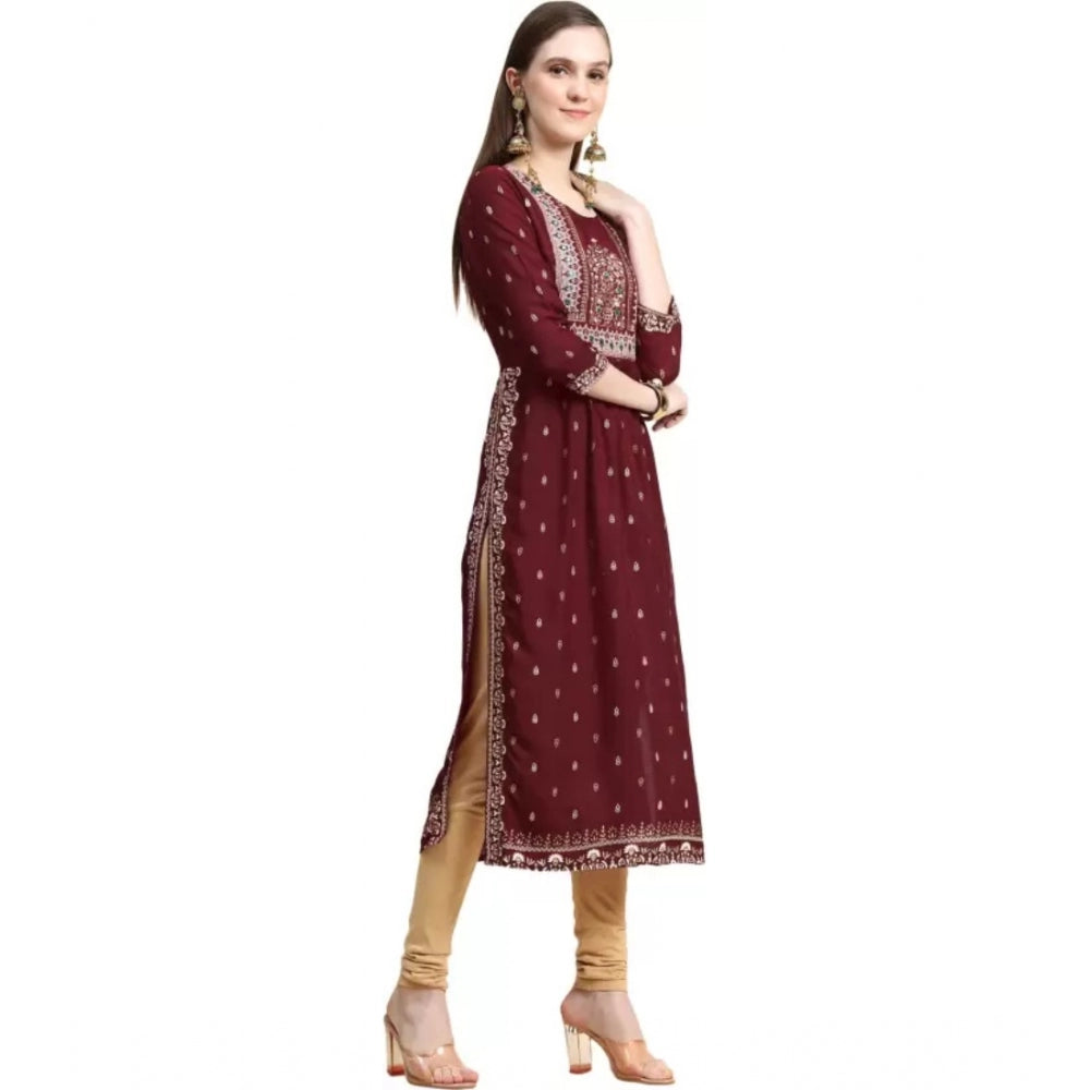 Amfyn Women's Printed Embroidery Kurti (Maroon)
