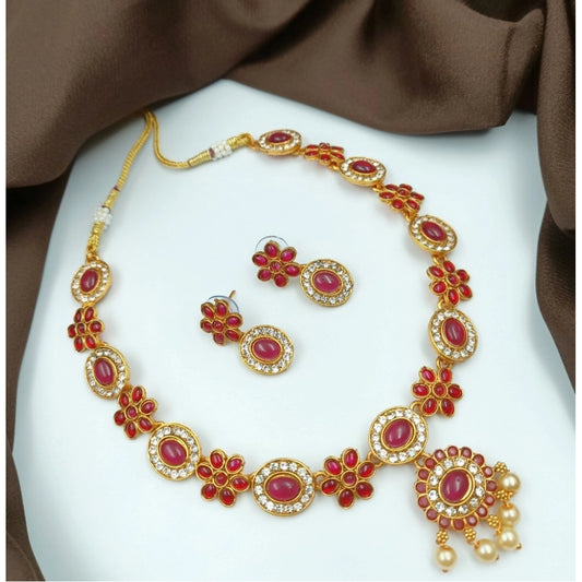Fashion Women's Gold Plated Traditional Necklace and Earrings Set (Red, Free Size)