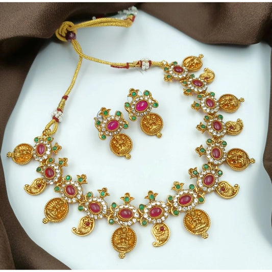 Amfyn Women's Gold Plated Traditional Necklace and Earrings Set (Multi Color, Free Size)