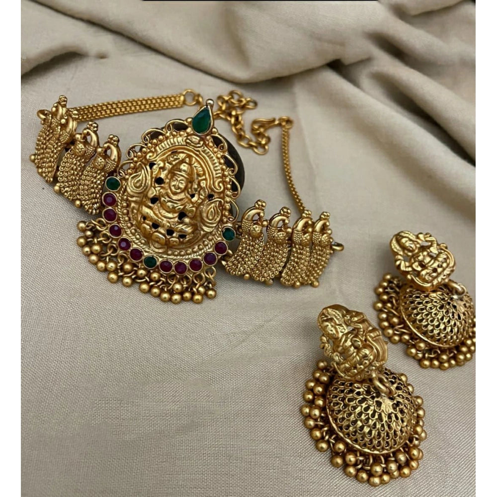Amfyn Women's Traditional Temple Necklace and Earrings Set in Gold (Multi Color, Free Size)