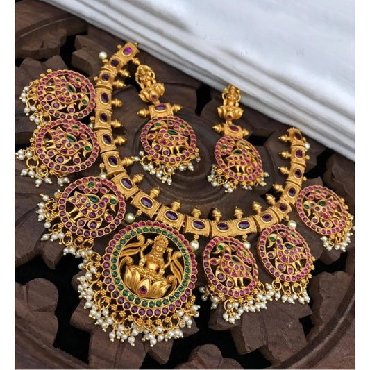 Amfyn Women's Goddess Glamour Gold Plated Temple Necklace and Jhumka Set (Multi Color, Free Size)