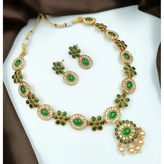 Fashion Women's Temple Elegance Gold Plated Necklace and Earrings Set (Green, Free Size)