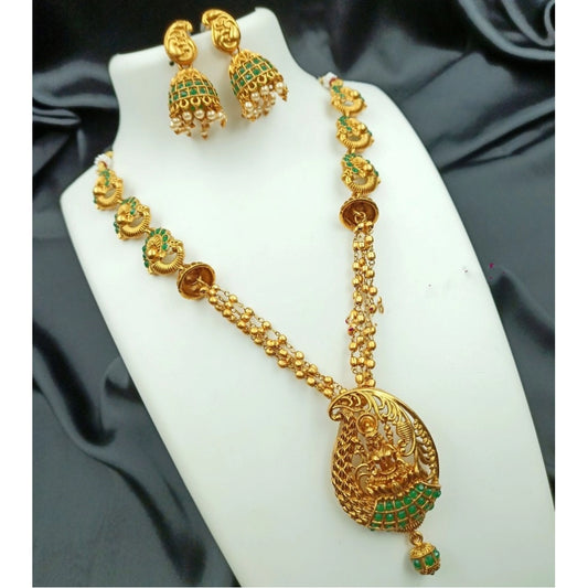 Fashion Women's Traditional Temple Necklace and Earrings Set in Gold (Green, Free Size)