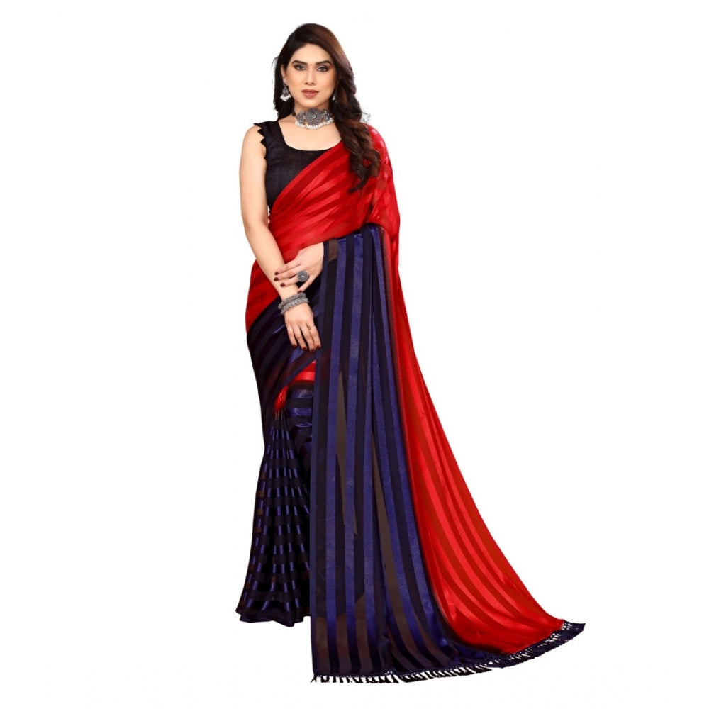 Amfyn Women's Embellished Striped Bollywood Satin Saree With Blouse (Red, Dark Blue)