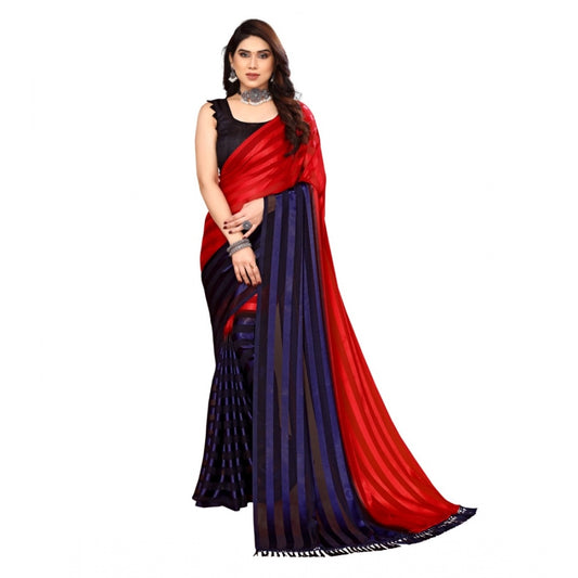 Amfyn Women's Embellished Striped Bollywood Satin Saree With Blouse (Red, Dark Blue)