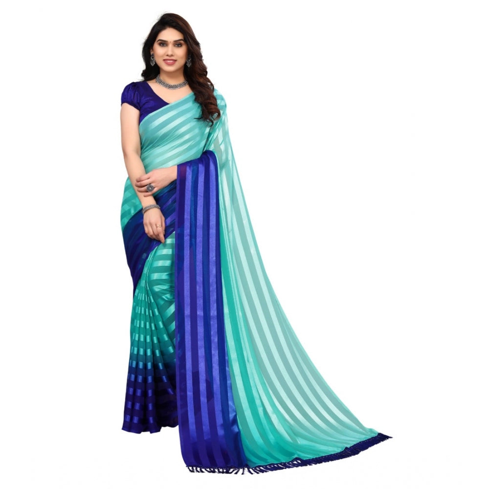 Amfyn Women's Embellished Striped Bollywood Satin Saree With Blouse (Light Blue, Dark Blue)