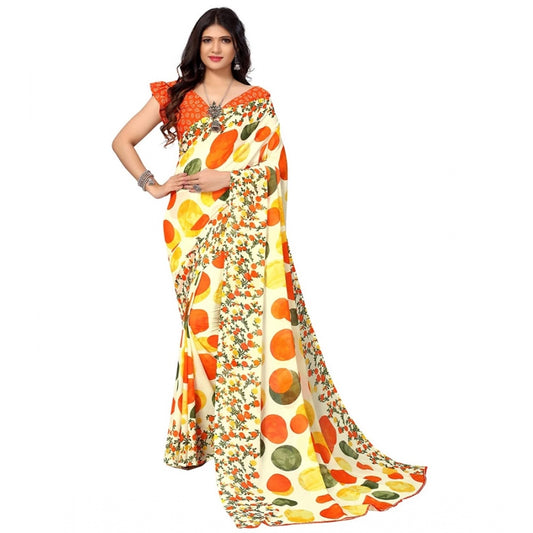Amfyn Women's Poly Georgette Printed Saree Without Blouse (Orange)