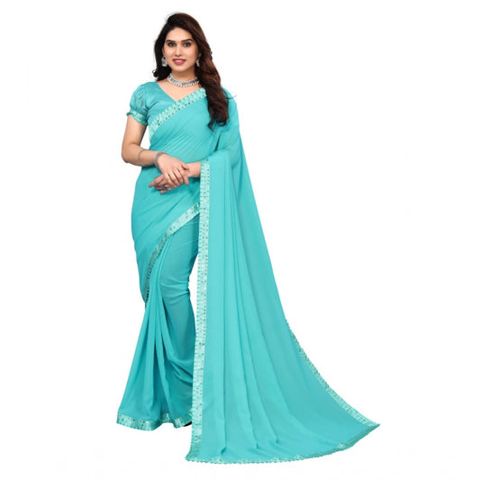 Amfyn Women's Embellished Dyed Printed Bollywood Georgette Saree With Blouse (Sky Blue)