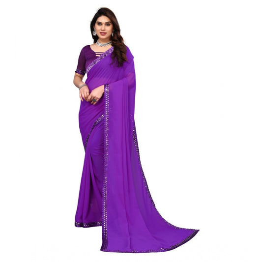 Amfyn Women's Embellished Dyed Printed Bollywood Georgette Saree With Blouse (Purple)