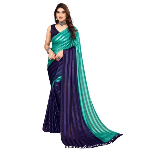 Amfyn Women's Embellished Striped Bollywood Satin Saree With Blouse (Sea Green, Royal Blue)