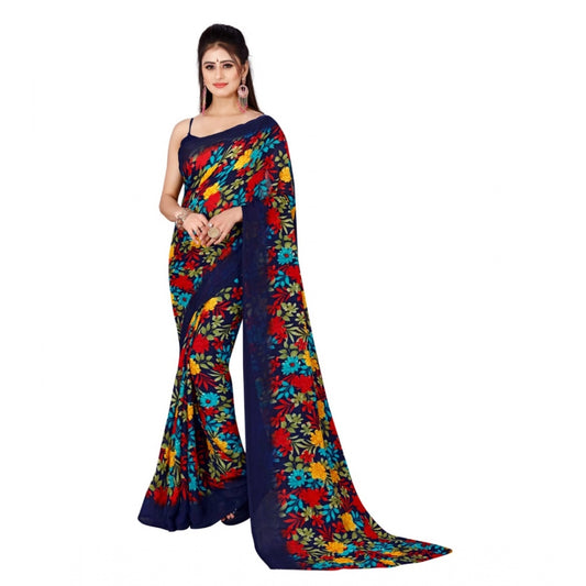 Amfyn Women's Poly Georgette Printed Saree Without Blouse (Blue)