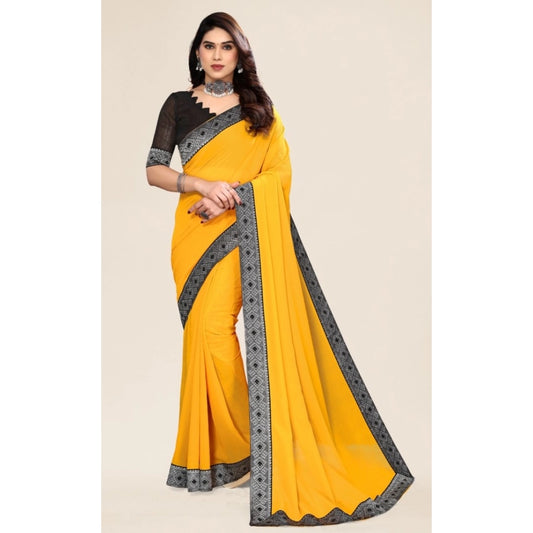 Amfyn Women's Embellished Plain Solid Bollywood Chiffon Saree With Blouse (Yellow)