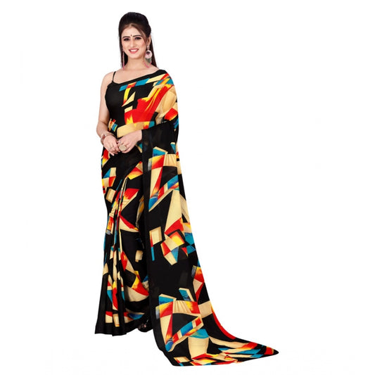 Amfyn Women's Poly Georgette Printed Saree Without Blouse (Black)