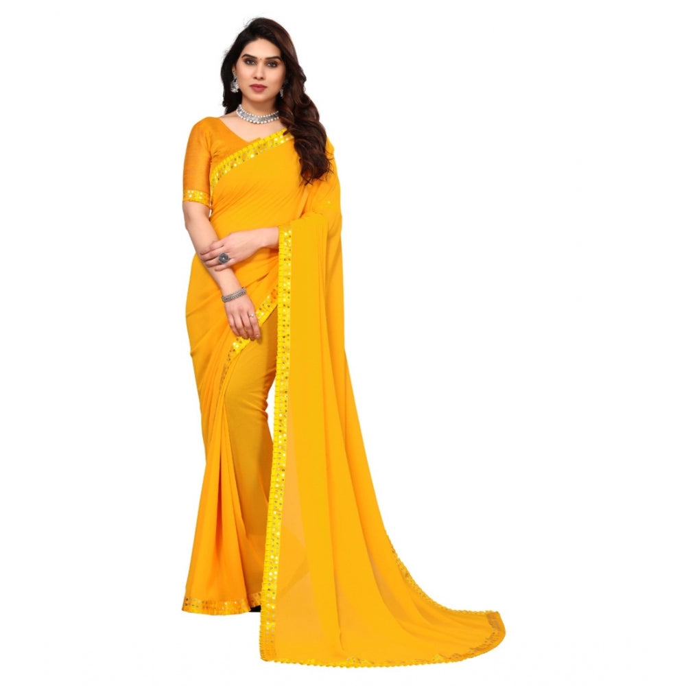 Amfyn Women's Embellished Dyed Printed Bollywood Georgette Saree With Blouse (Yellow)