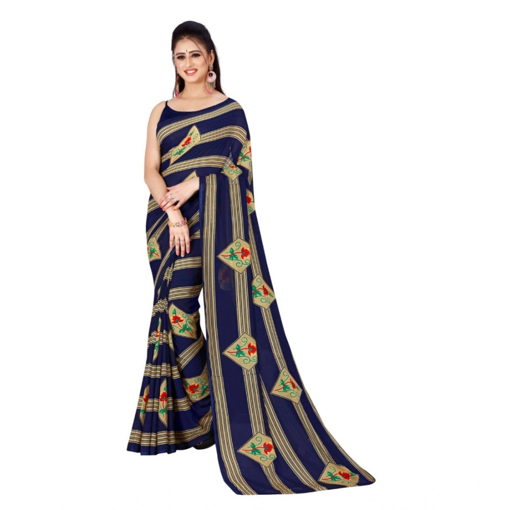 Amfyn Women's Poly Georgette Printed Saree Without Blouse (Navy Blue)