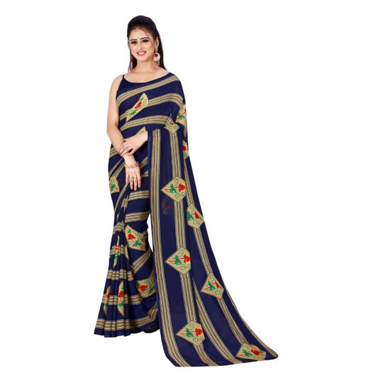 Amfyn Women's Poly Georgette Printed Saree Without Blouse (Navy Blue)