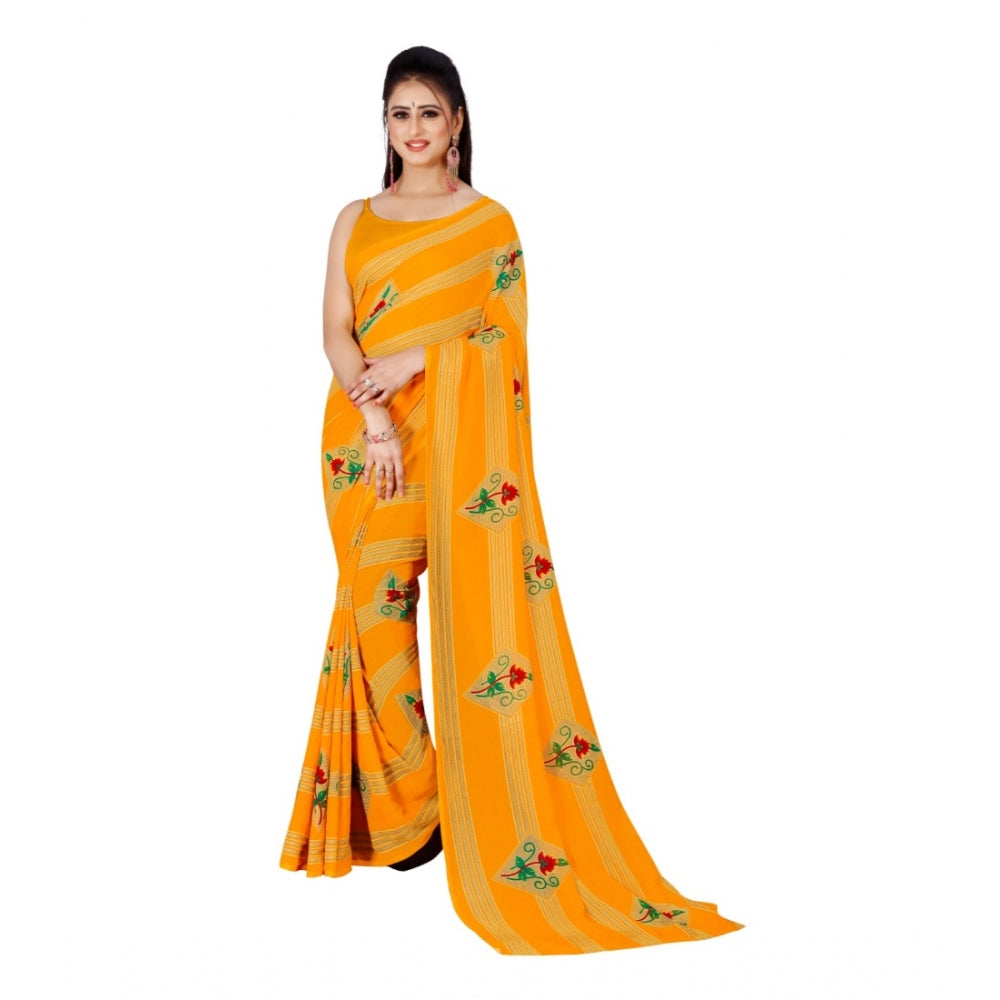 Amfyn Women's Poly Georgette Printed Saree Without Blouse (Yellow)