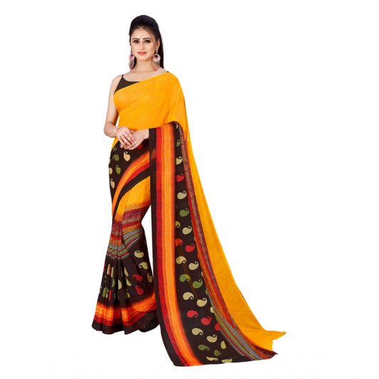 Amfyn Women's Poly Georgette Printed Saree Without Blouse (Yellow, Black)