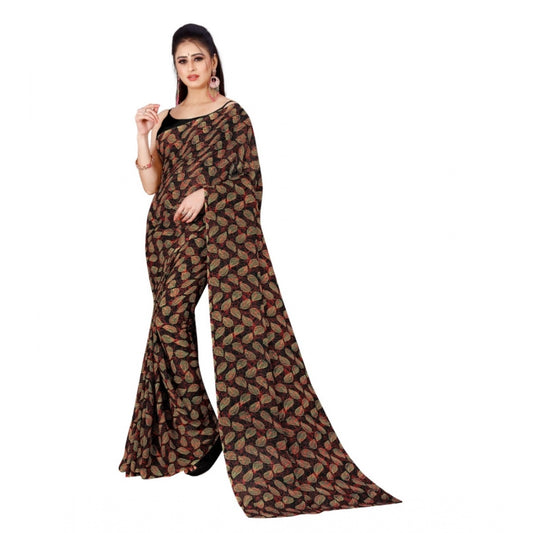Amfyn Women's Poly Georgette Printed Saree Without Blouse (Black)