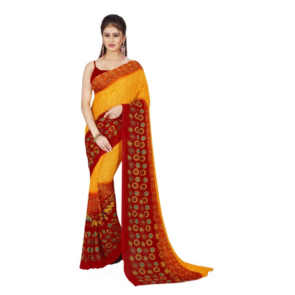 Amfyn Women's Poly Georgette Printed Saree Without Blouse (Yellow, Maroon)