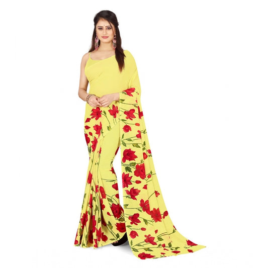 Amfyn Women's Poly Georgette Printed Saree Without Blouse (Light Yellow)