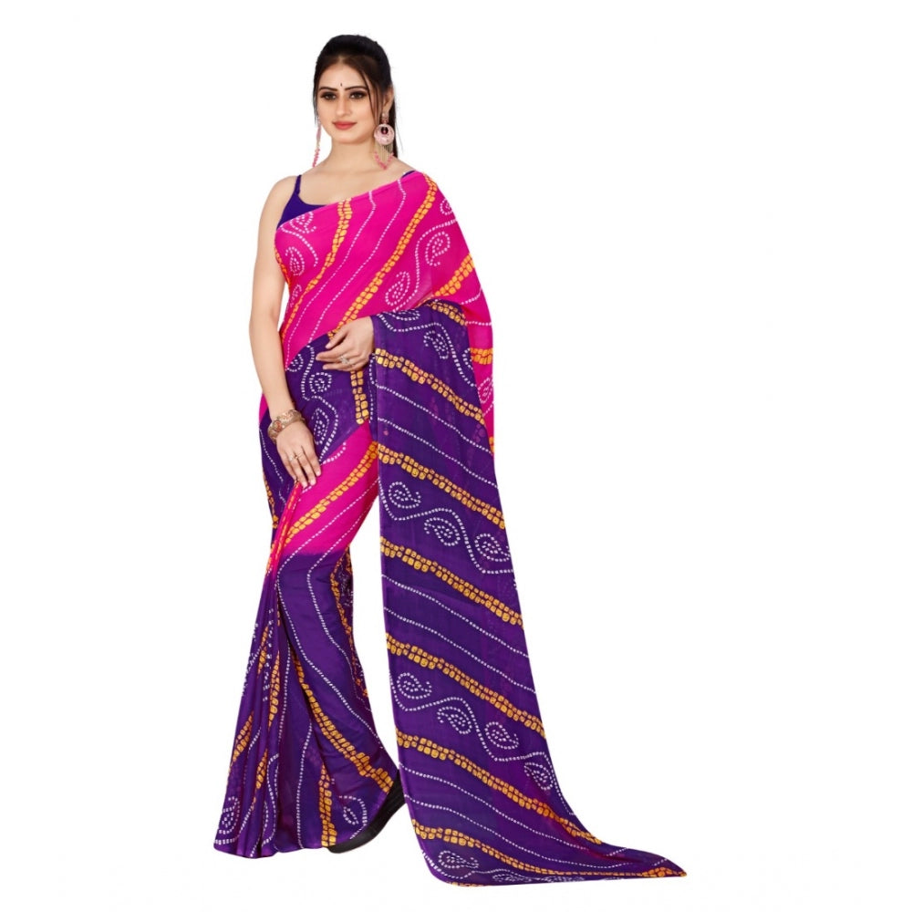 Amfyn Women's Poly Georgette Printed Saree Without Blouse (Pink, Purple)