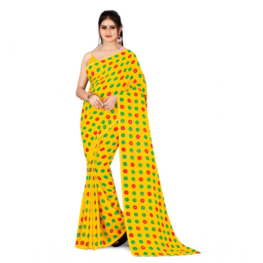 Amfyn Women's Poly Georgette Printed Saree Without Blouse (Yellow, Multi Color)