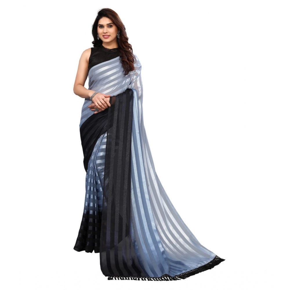 Amfyn Women's Embellished Striped Bollywood Satin Saree With Blouse (Light Blue, Black)