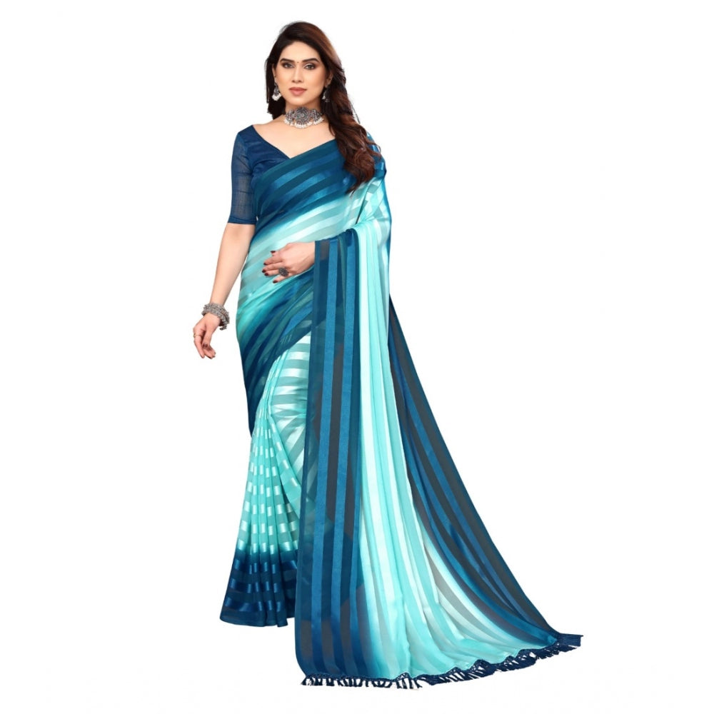 Amfyn Women's Embellished Striped Bollywood Satin Saree With Blouse (Light Blue, Dark Blue)