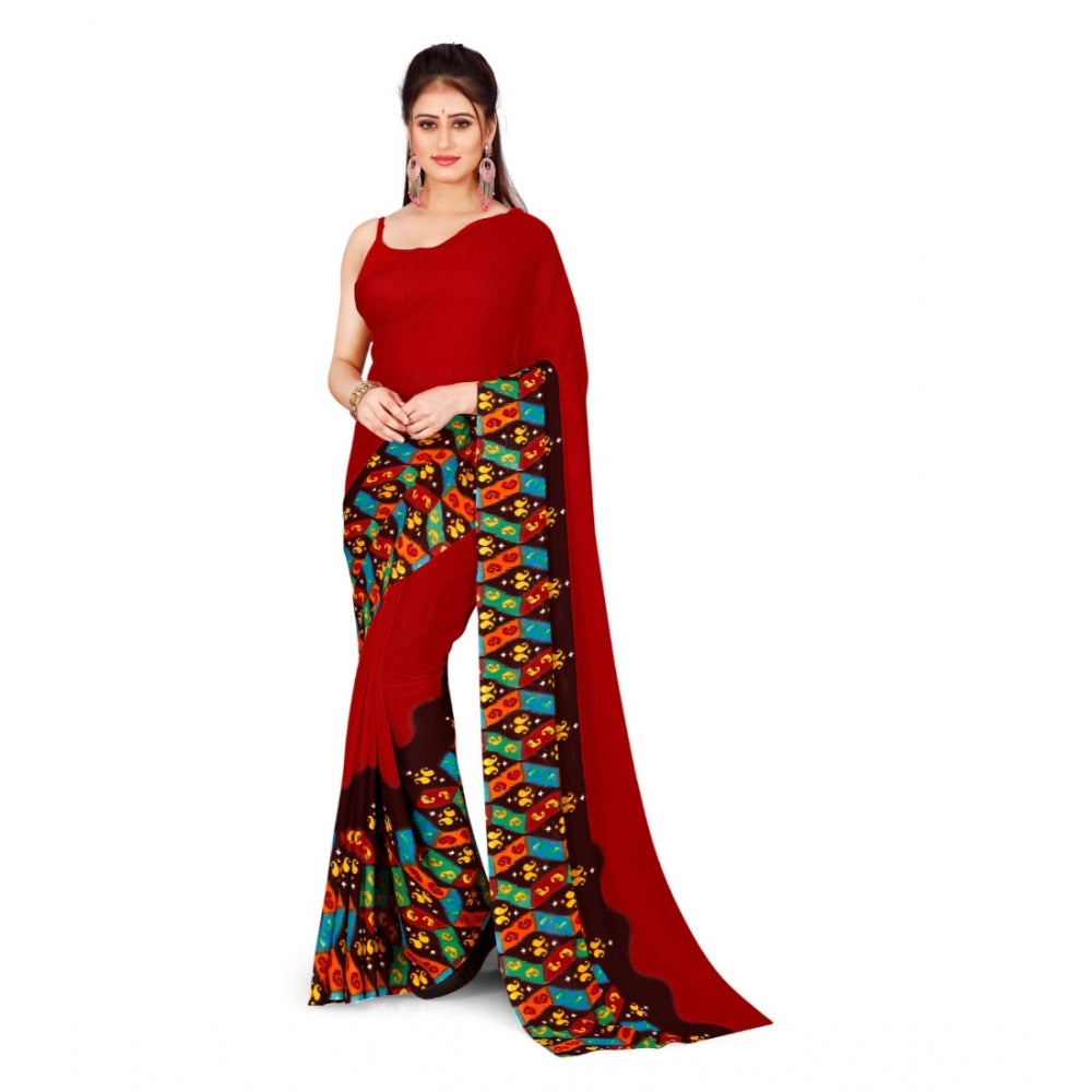 Amfyn Women's Poly Georgette Printed Saree Without Blouse (Maroon)