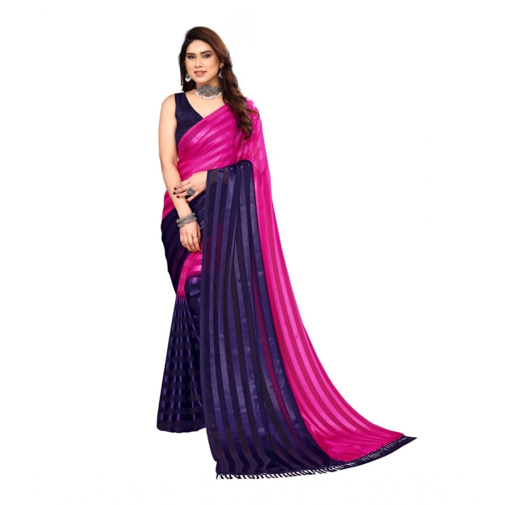 Amfyn Women's Embellished Striped Bollywood Satin Saree With Blouse (Pink, Dark Blue)