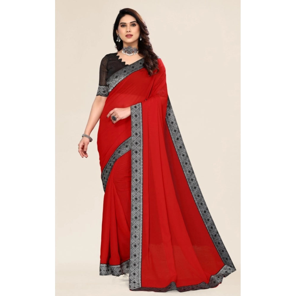 Amfyn Women's Embellished Plain Solid Bollywood Chiffon Saree With Blouse (Red)