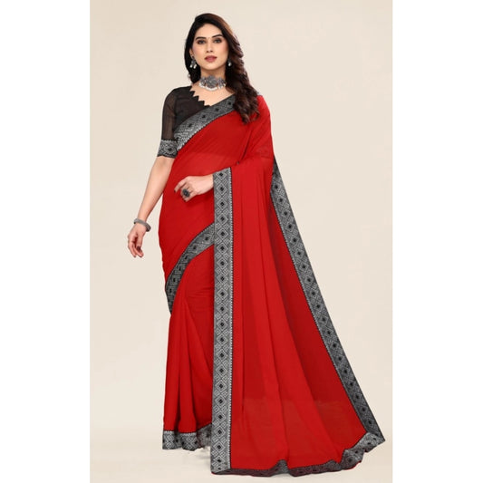 Amfyn Women's Embellished Plain Solid Bollywood Chiffon Saree With Blouse (Red)