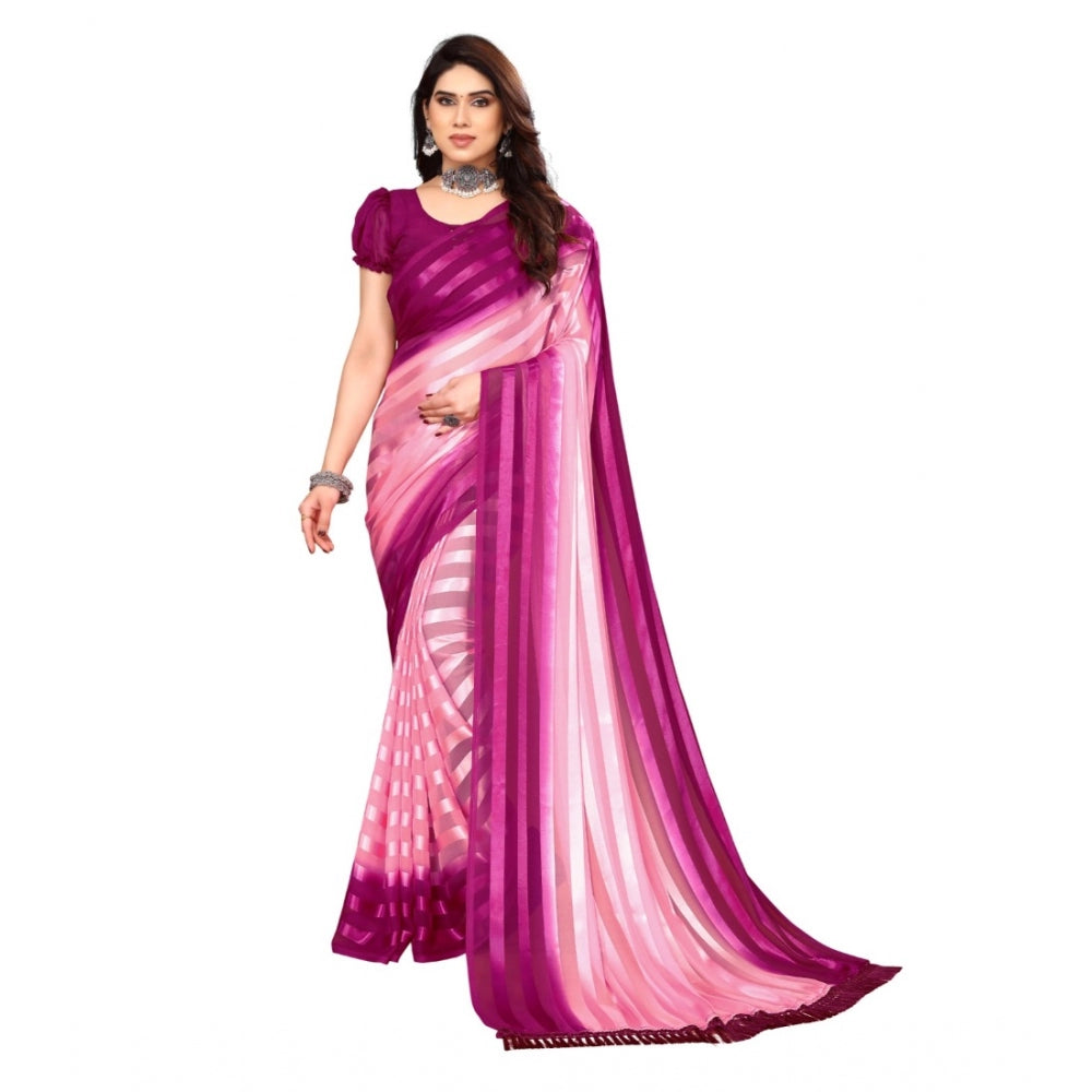 Amfyn Women's Embellished Striped Bollywood Satin Saree With Blouse (Pink, Purple)