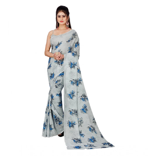 Amfyn Women's Poly Georgette Printed Saree Without Blouse (Cream)