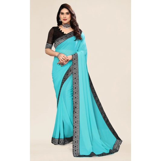 Amfyn Women's Embellished Plain Solid Bollywood Chiffon Saree With Blouse (Sky Blue)